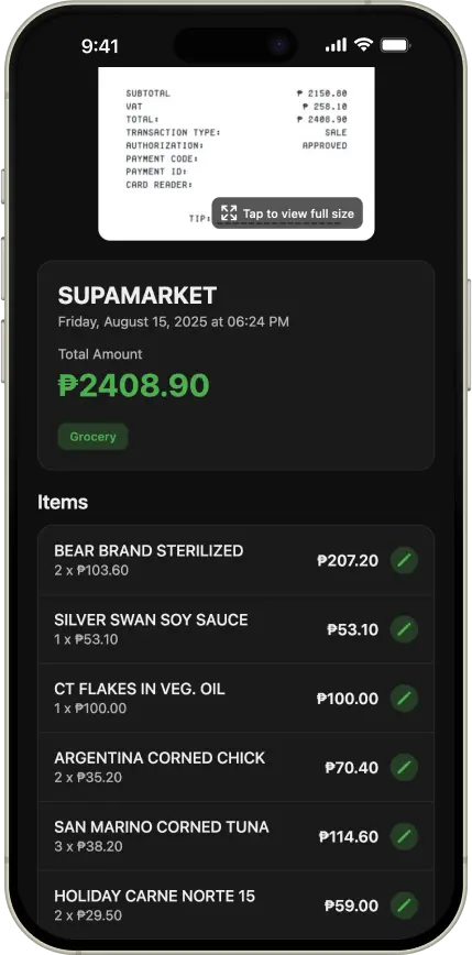 FeeNex app interface showing organized expense data with clean categorization