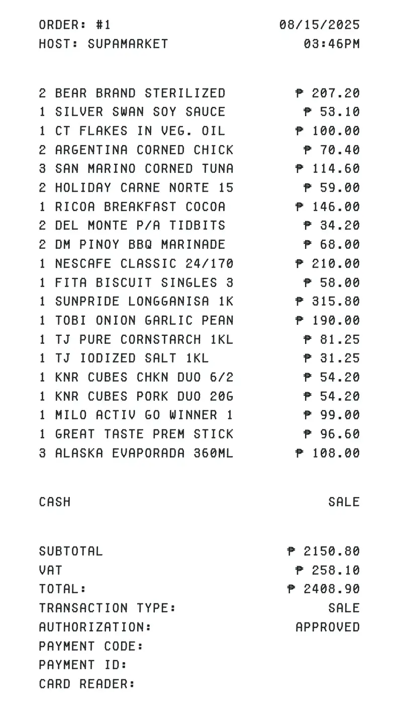 Original receipt from Supamarket showing various grocery items